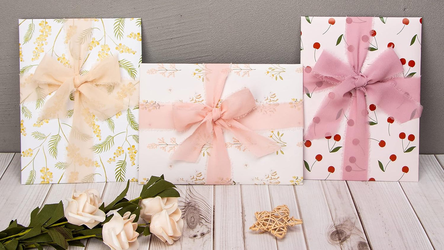 Ribbli Chiffon Silk Ribbon, 1.5 inch x 30 Yard, Champagne/Blush Pink/Dusty Rose Fringe Chiffon Ribbon for Wedding Invitations, Bridal Bouquets Wrapping, Flower Arrangement Decoration