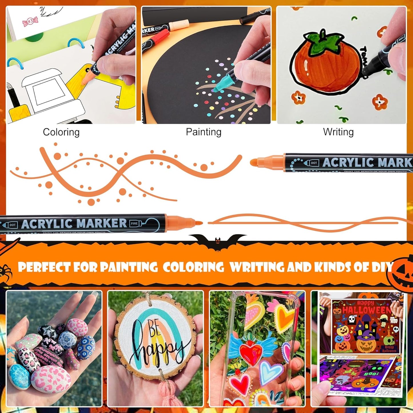 60 Colors Waterproof Dual Tip Acrylic Paint Markers, Dot & Fine Tip Premium Coloring Markers Set for Rock, Glass, Wood, Ceramic Surfaces and DIY Crafts Making Art Supplies