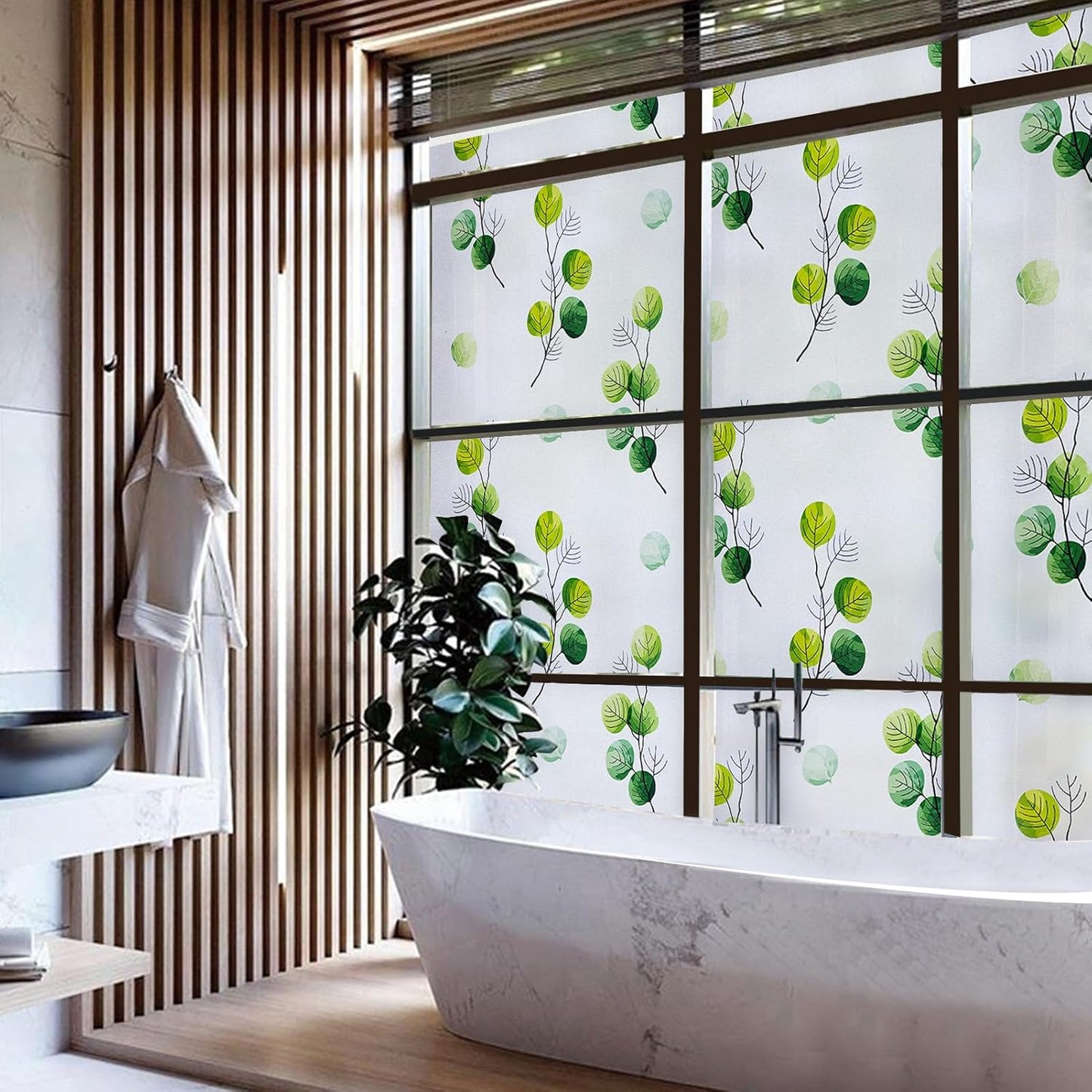 DKTIE Eucalyptus Leaves Stained Glass Window Film with Installation Tools, INS Style Window Privacy Film Decorative, Nordic Style for Home Decor (S541, 35.4'' x 118.1'')