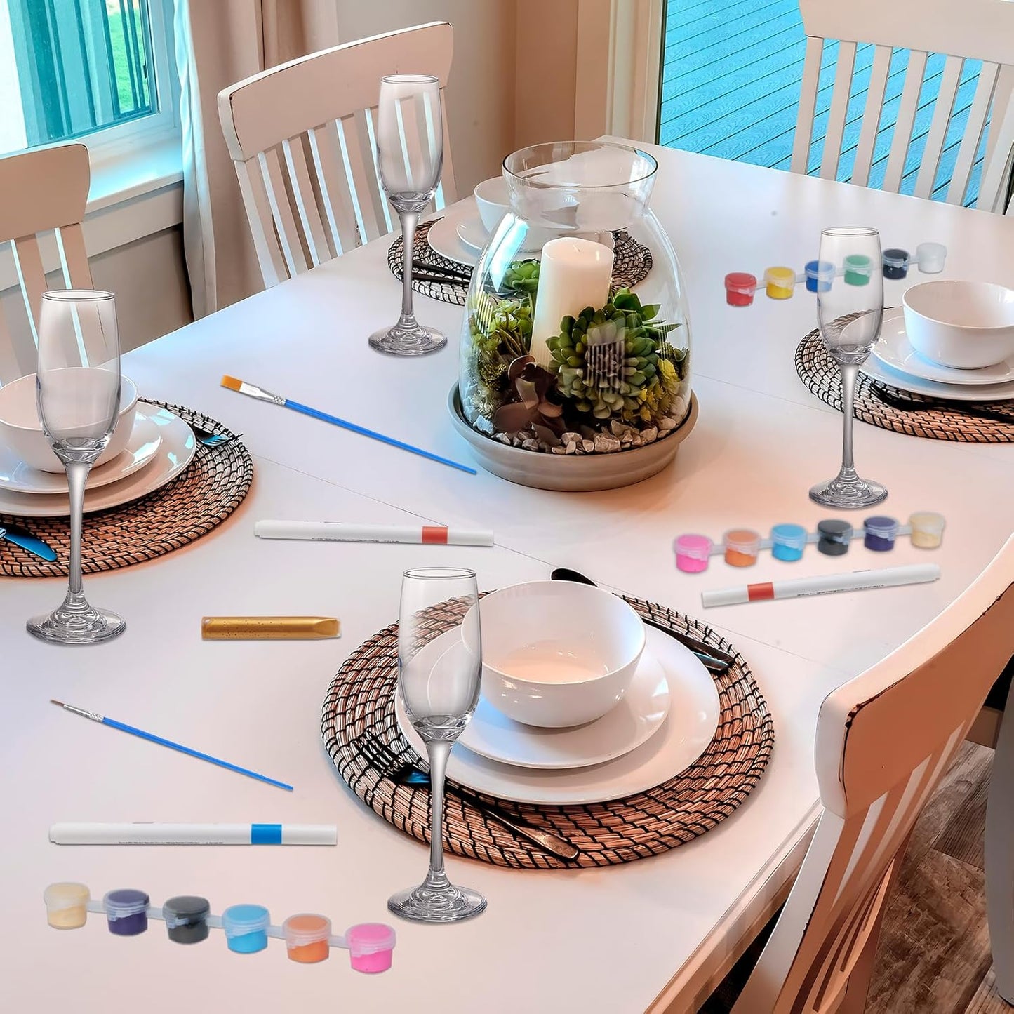 6 Sets Paint Your Own Wine Glass Set with 12 Markers, 2 Outliners, 36 Acrylic Paint Strips, 12 Brushes and 6 Palette for Adults, Ladies Night or Couple