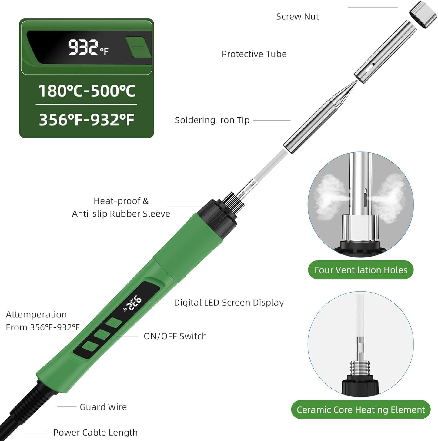 Soldering Iron Kit, 190W Soldering Gun, 110V LED Solder Kit for Electronics, Adjustable Temperature 356-932℉, Includes Solder Wire, Sucker, Tips, Stand, Tweezers, Paste and Solid Wood Box, Army Green