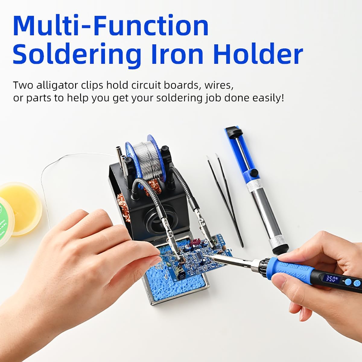 Soldering Iron Kit, 100W High Power LCD Soldering Iron, 2 Helping Hands Soldering, Flux, Iron Tips, Tin Wires, Solder Sucker, Tweezers. °C/℉ Conversion, Auto Sleep，Temperature Calibration