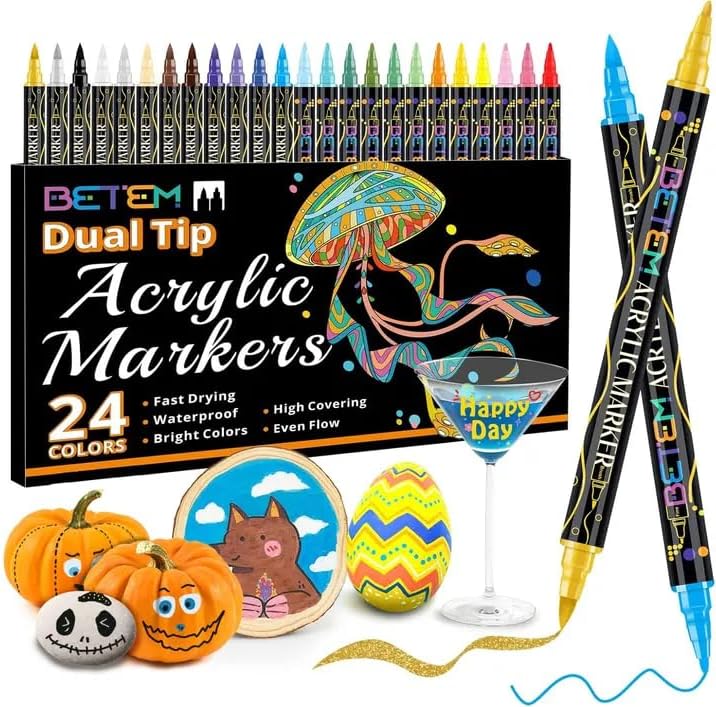 Betem Acrylic Paint Markers, Dual Tip 24 Colors Acrylic Paint Pens with Brush Tip and Fine Point, Art Supplies for Rock, Wood, Canvas, Stone, Glass, Ceramic, Rock Painting DIY Crafts Making Drawing