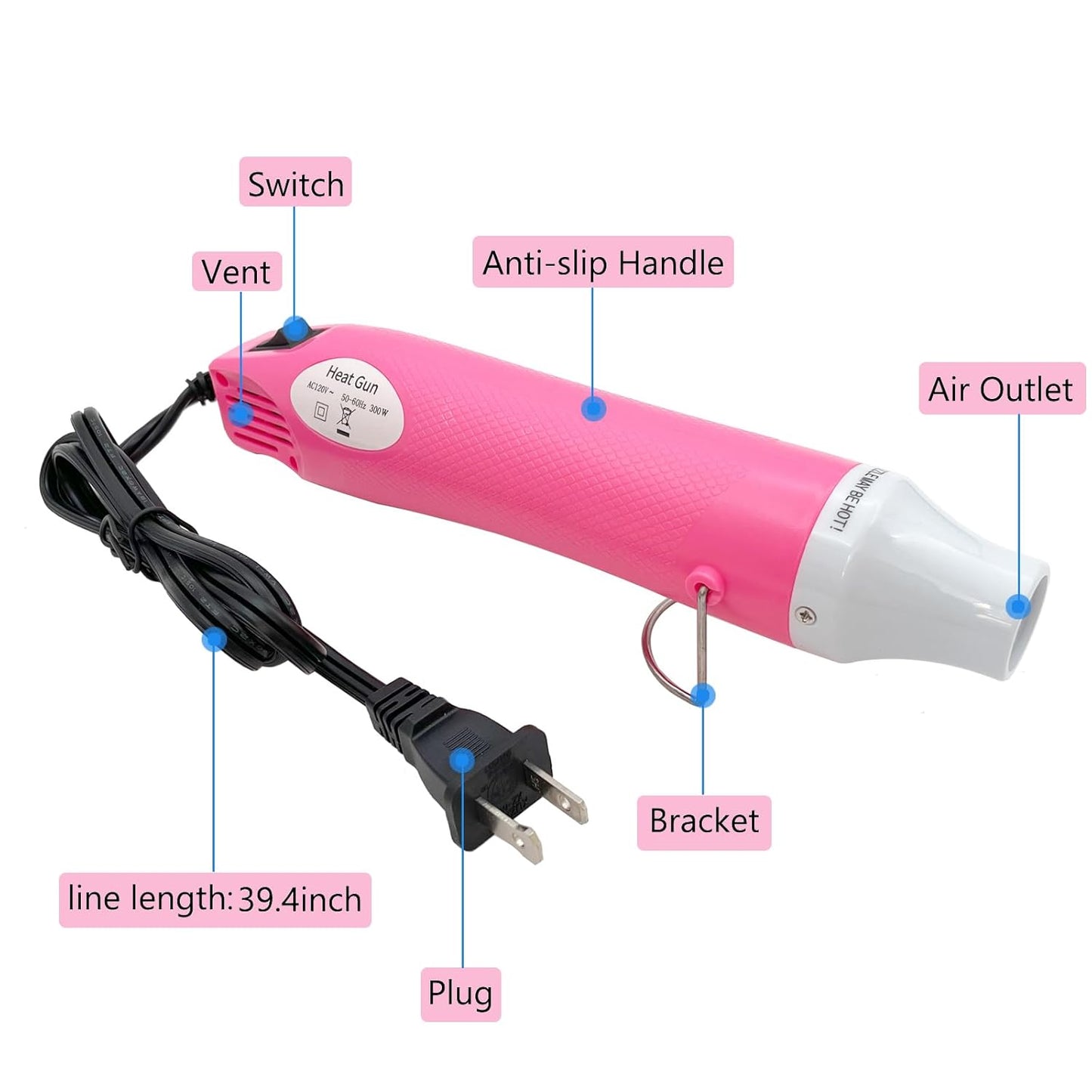 Mini Heat Gun, Portable Hot Air Gun Tool for DIY Crafts Heat Shrink Gun for Epoxy Resin, Embossing, Shrinking Wrapping Drying Paint Removing Stickers (Pink)
