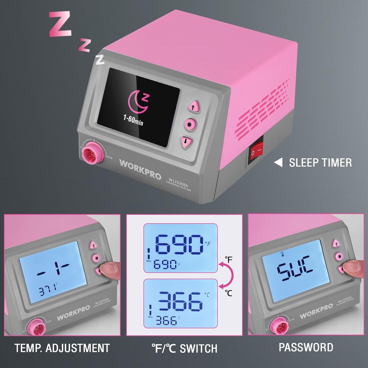 WORKPRO Soldering Station, 60W Soldering Iron Kit Digital Display, 5 Extra Iron Tips, Precision Temperature Control Solder Station for Electronic Repair, DIY Enthusiasts - Pink Ribbon