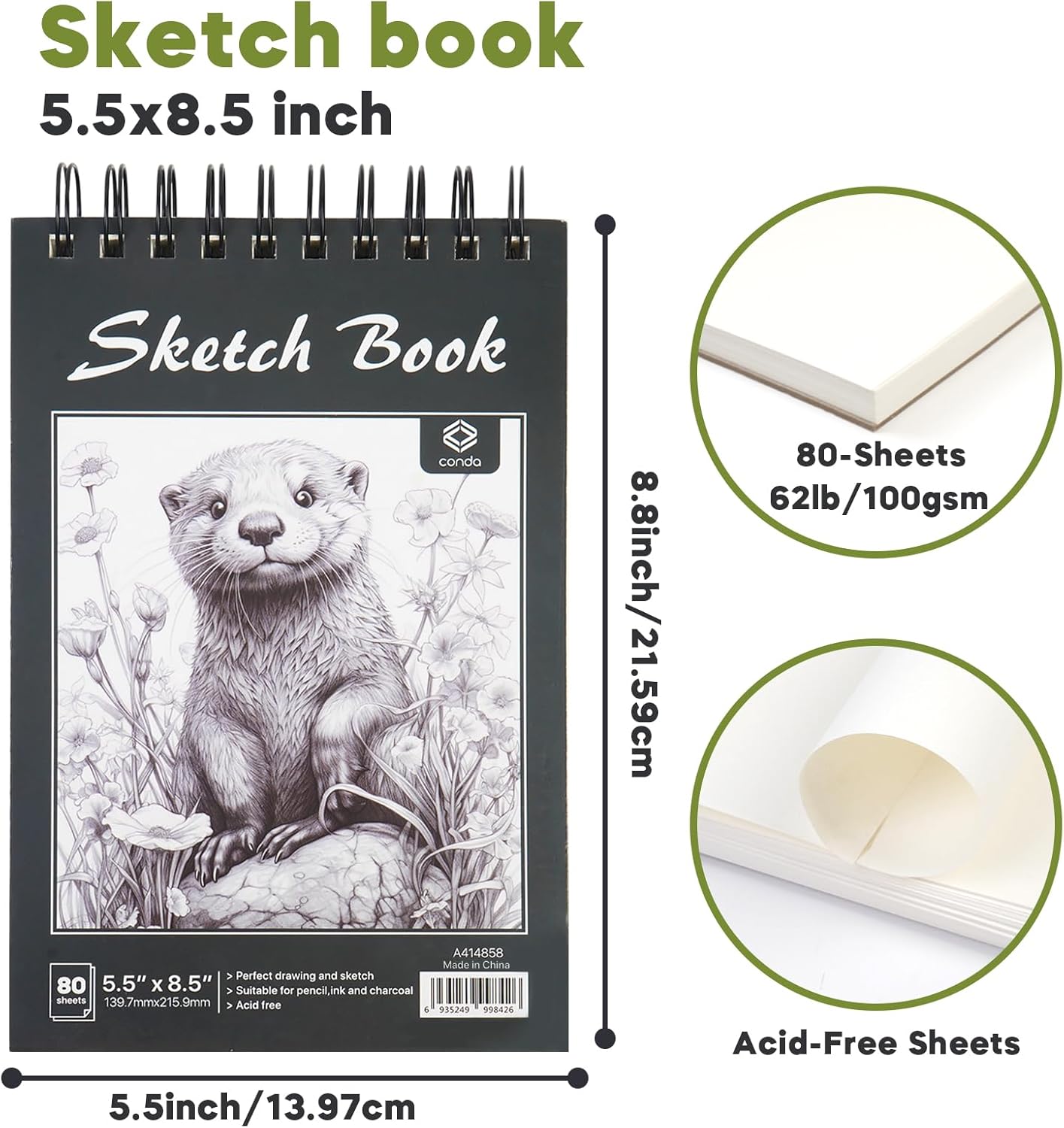 CONDA 5.5 x 8.5 Sketchbook Book - Top Spiral Bound Pad, 2 Packs of 100-Sheets (68lb/100gsm) Acid Free Artistic Paper for Drawing, Painting, Writing - Ideal for Beginners Artists
