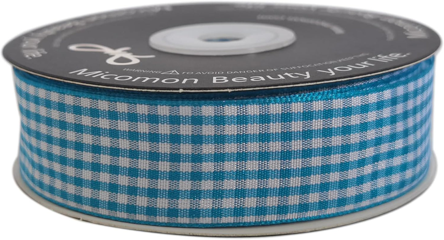 Micomon 1-Inch Vivid Blue and White Woven Edge Plaid Ribbon Polyester Gingham Ribbon 25 Yards Each Roll (1",Vivid Blue)