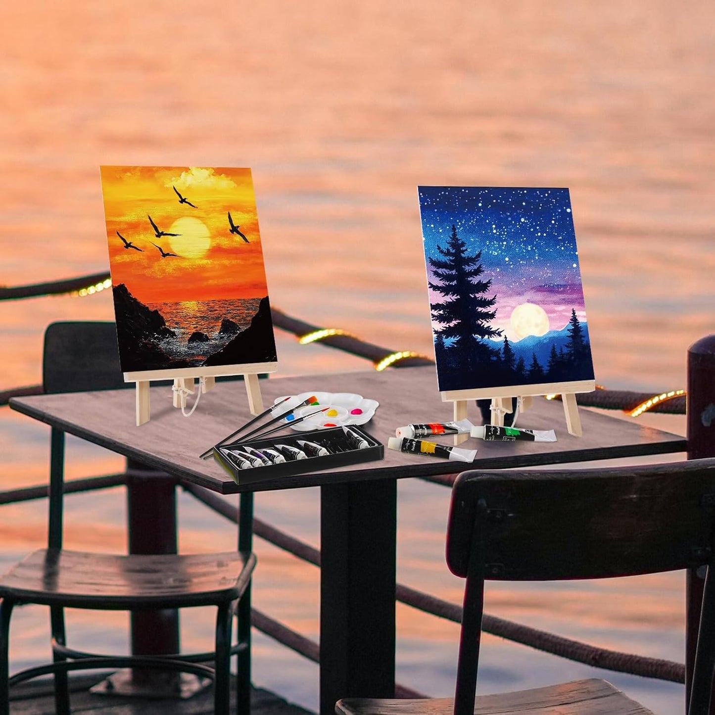 Cholemy 36 Pcs Paint and Sip Kit for Adults 8''x10'' Pre Drawn Canvas for Painting DIY Afro Acrylic Painting Kit Wood Easel Brushes Date Night Bulk for Christmas Party Gifts(Sunset)