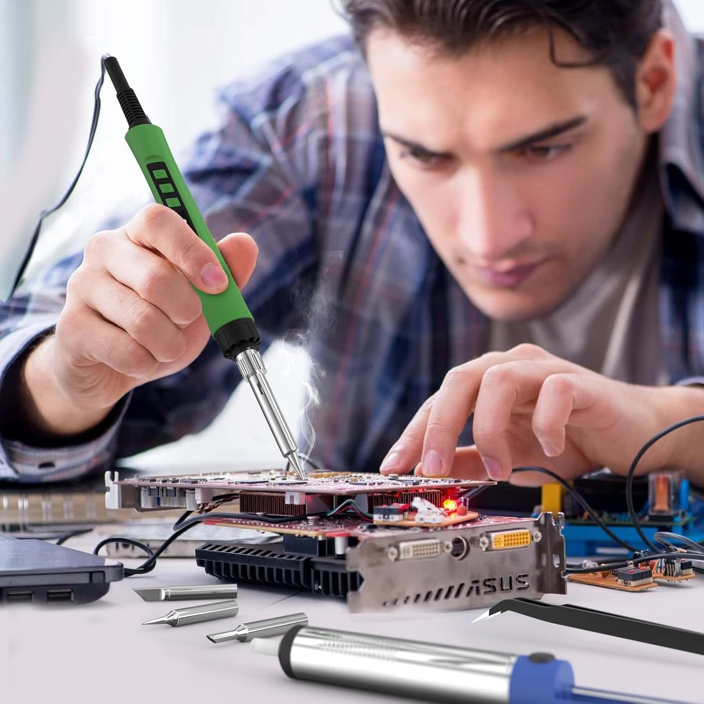 Soldering Iron Kit, 190W Soldering Gun, 110V LED Solder Kit for Electronics, Adjustable Temperature 356-932℉, Includes Solder Wire, Sucker, Tips, Stand, Tweezers, Paste and Solid Wood Box, Army Green