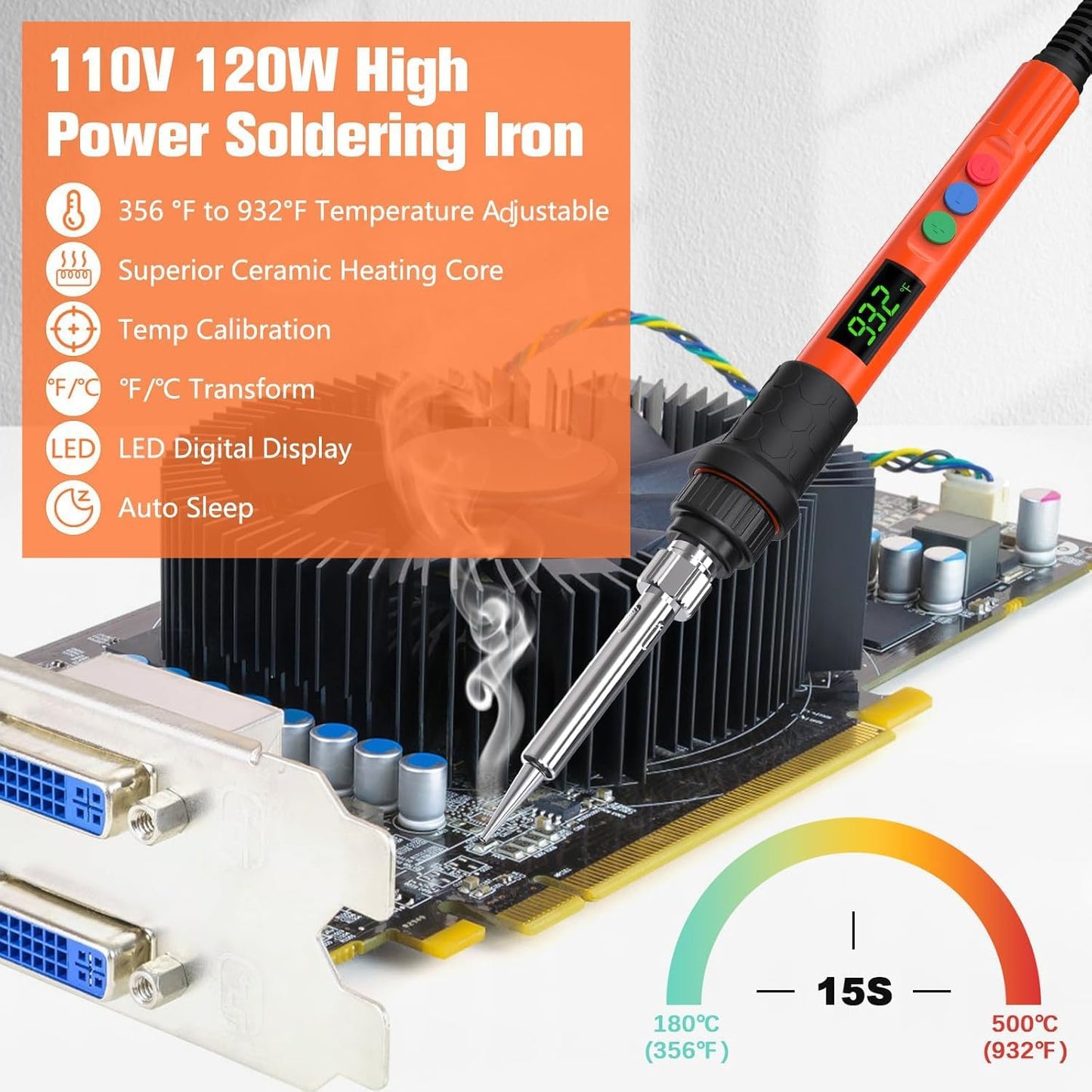 Soldering Iron Kit, 120W LED Digital Advanced Solder Iron Soldering Gun kit, 110V Welding Tools, Smart Temperature Control [356℉-932℉], Extra 5pcs Tips, Auto Sleep, Temp Calibration, Orange