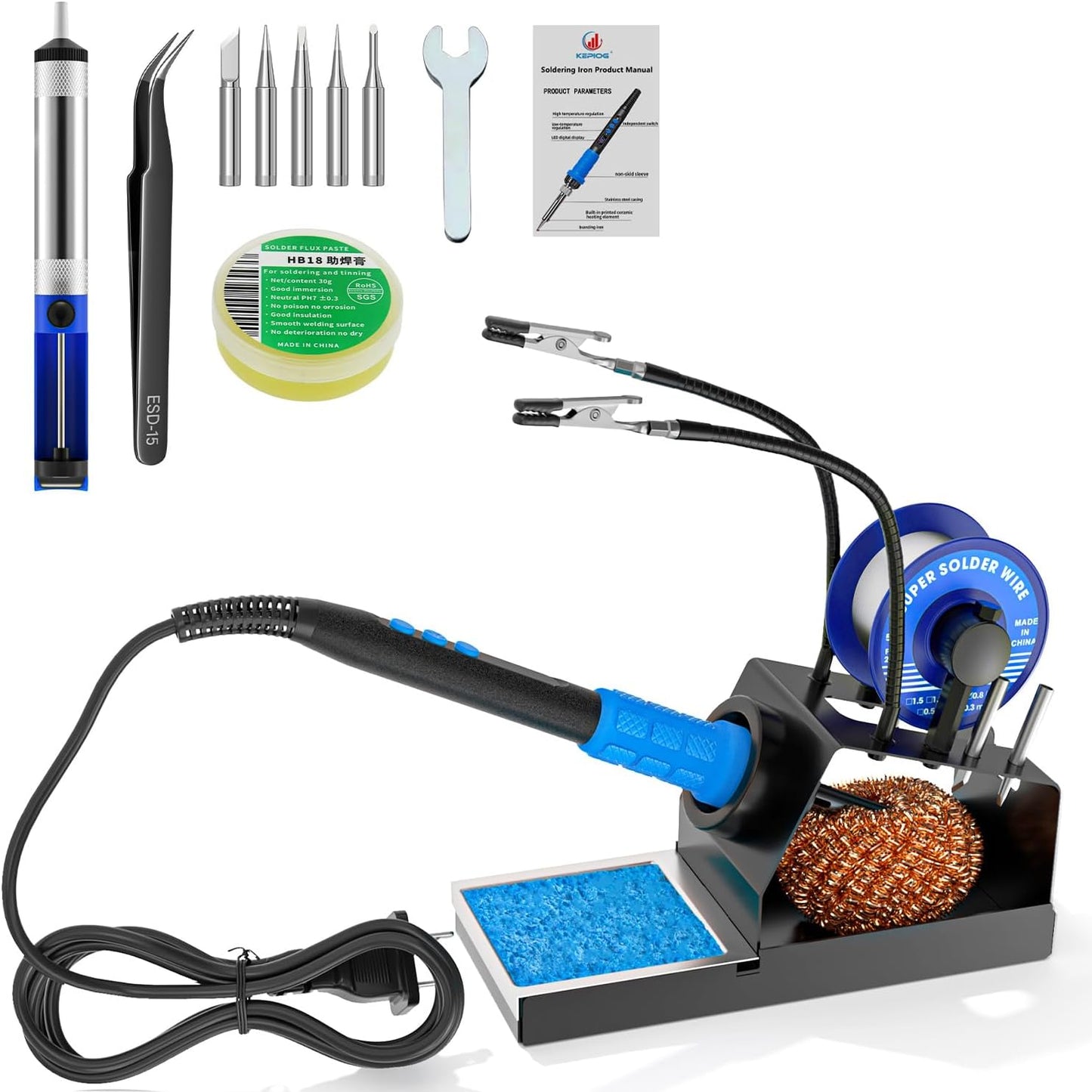 Soldering Iron Kit, 100W High Power LCD Soldering Iron, 2 Helping Hands Soldering, Flux, Iron Tips, Tin Wires, Solder Sucker, Tweezers. °C/℉ Conversion, Auto Sleep，Temperature Calibration