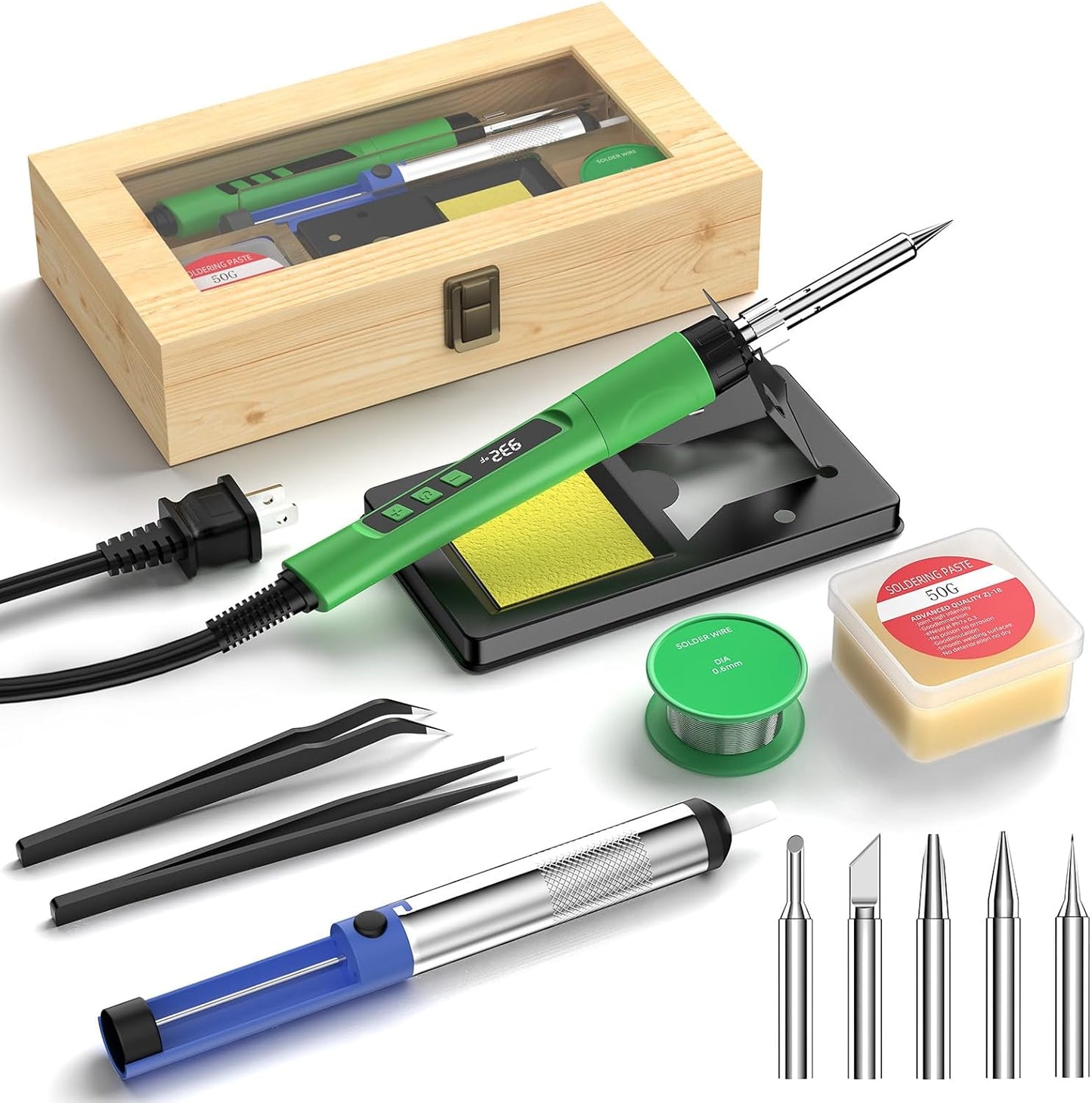 Soldering Iron Kit, 190W Soldering Gun, 110V LED Solder Kit for Electronics, Adjustable Temperature 356-932℉, Includes Solder Wire, Sucker, Tips, Stand, Tweezers, Paste and Solid Wood Box, Army Green