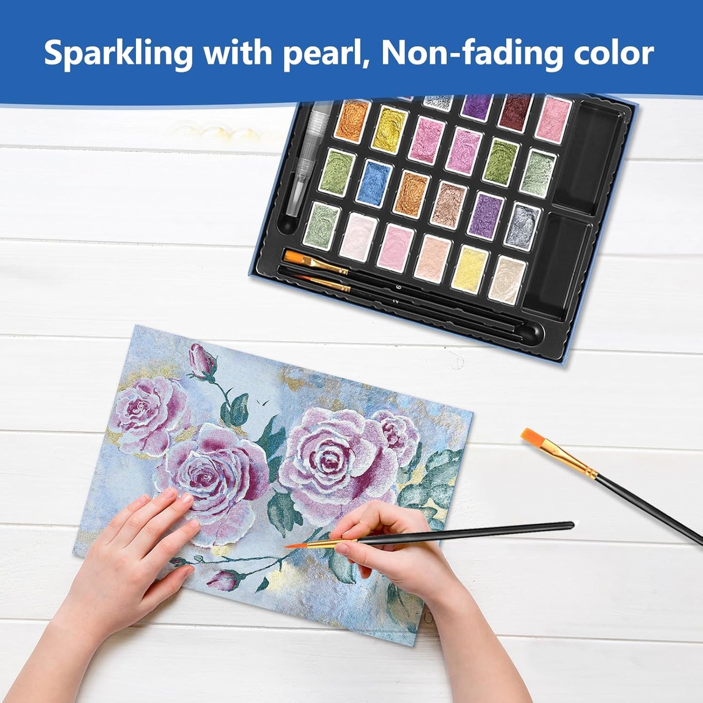 3ml Glitter Watercolor Paint Set with Paper, 24 Colors Shimmer Metallic Watercolour Painting Sets, Solid Pearl Water Color Paints for Adult, Kids, Rococo Style (Rococo 24Colors-L)