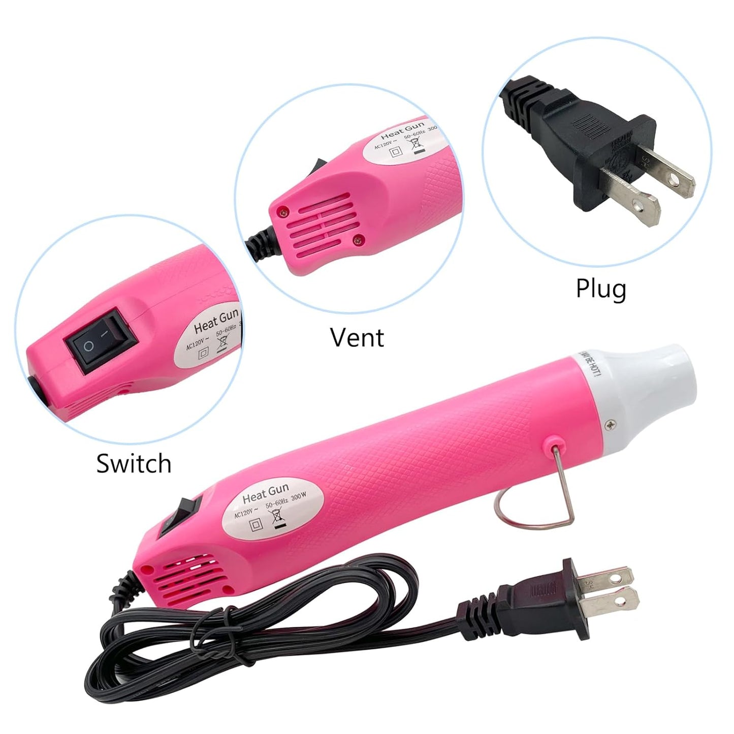 Mini Heat Gun, Portable Hot Air Gun Tool for DIY Crafts Heat Shrink Gun for Epoxy Resin, Embossing, Shrinking Wrapping Drying Paint Removing Stickers (Pink)
