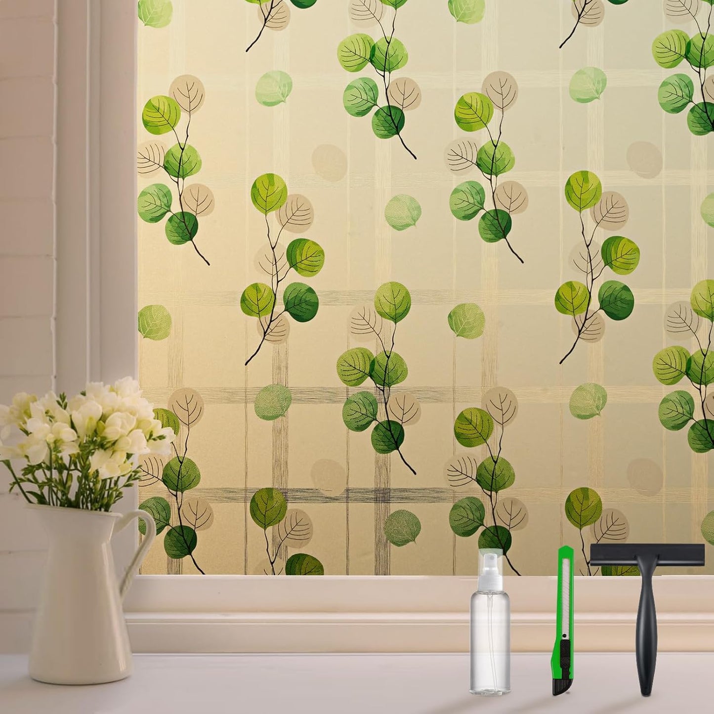 DKTIE Eucalyptus Leaves Stained Glass Window Film with Installation Tools, INS Style Window Privacy Film Decorative, Nordic Style for Home Decor (S541, 17.7'' x 78.7'')