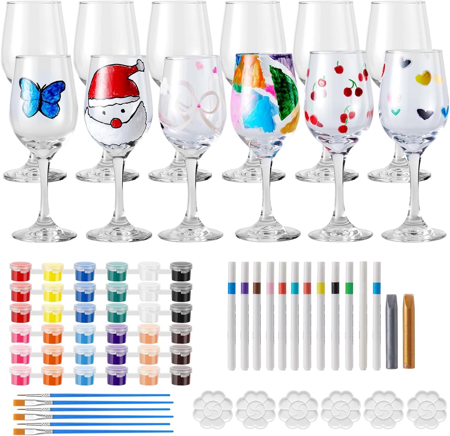 WJXCYGG 6 Sets Paint Your Own Wine Glass Set 6 Wine Glass 36 Glass Painting Acrylic Paint Strips 2 Glass Liner Pen 12 Markers with 12 Brushes and 6 Palette for Adults Lady Night Couple(High Feet)