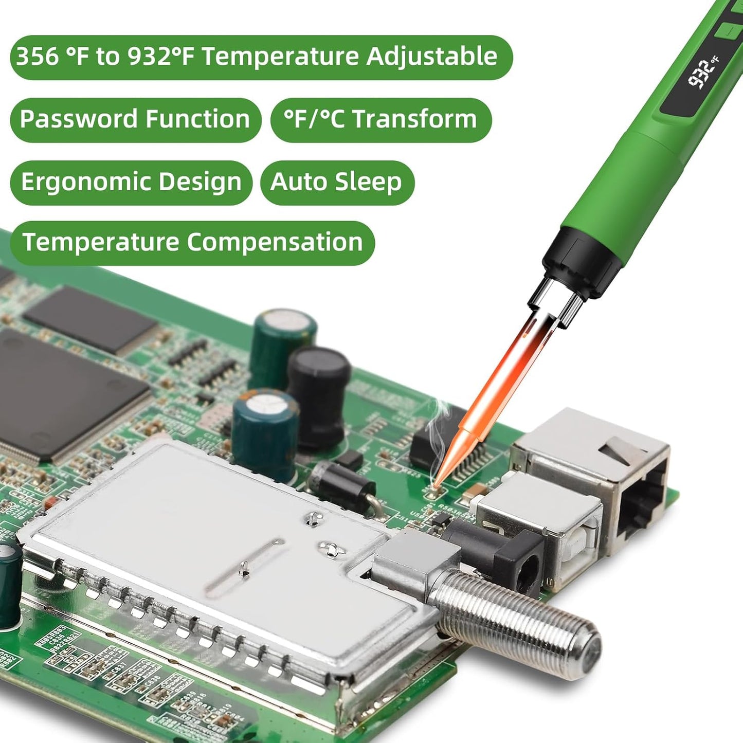 Soldering Iron Kit, 190W Soldering Gun, 110V LED Solder Kit for Electronics, Adjustable Temperature 356-932℉, Includes Solder Wire, Sucker, Tips, Stand, Tweezers, Paste and Solid Wood Box, Army Green