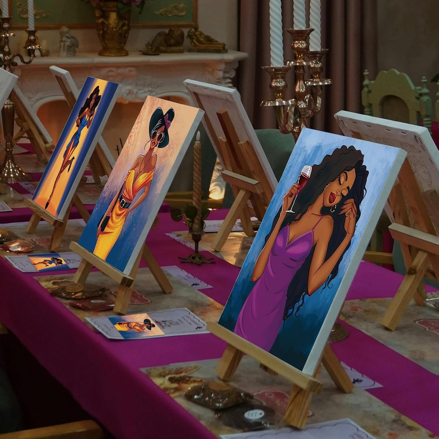 Cholemy 36 Pcs Paint and Sip Kit for Adults 8''x10'' Pre Drawn Canvas for Painting DIY Afro Acrylic Painting Kit Wood Easel Brushes Date Night Bulk for Christmas Party Gifts(Charming Lady)