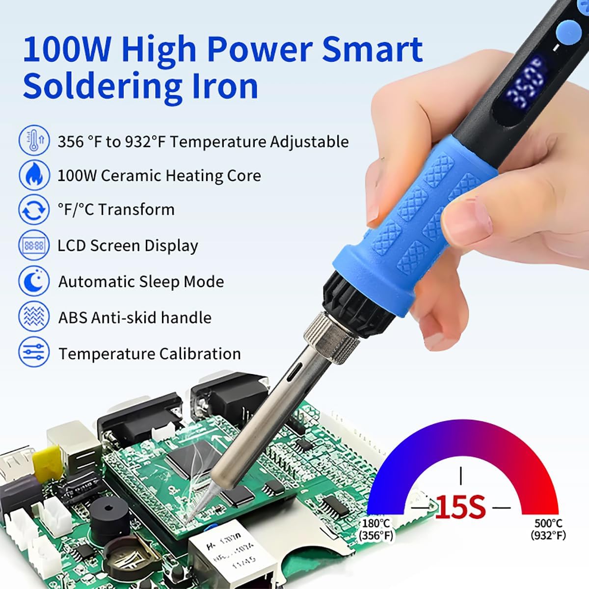 Soldering Iron Kit, 100W High Power LCD Soldering Iron, 2 Helping Hands Soldering, Flux, Iron Tips, Tin Wires, Solder Sucker, Tweezers. °C/℉ Conversion, Auto Sleep，Temperature Calibration