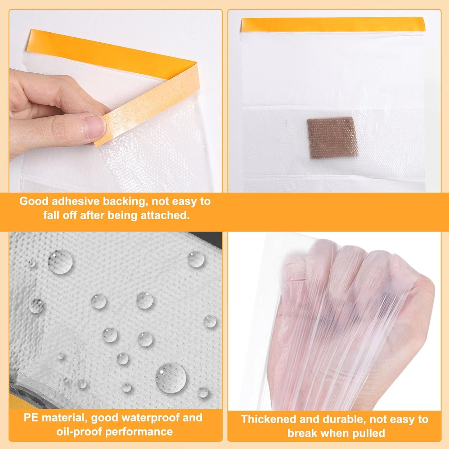 HARFINGTON 3 Rolls Pre-Taped Masking Film 43.3" x32.8ft Double Adhesive Tape and Drape Painters Plastic Drop Cloth Film with Tape Plastic Sheeting for Automotive Painting Covering