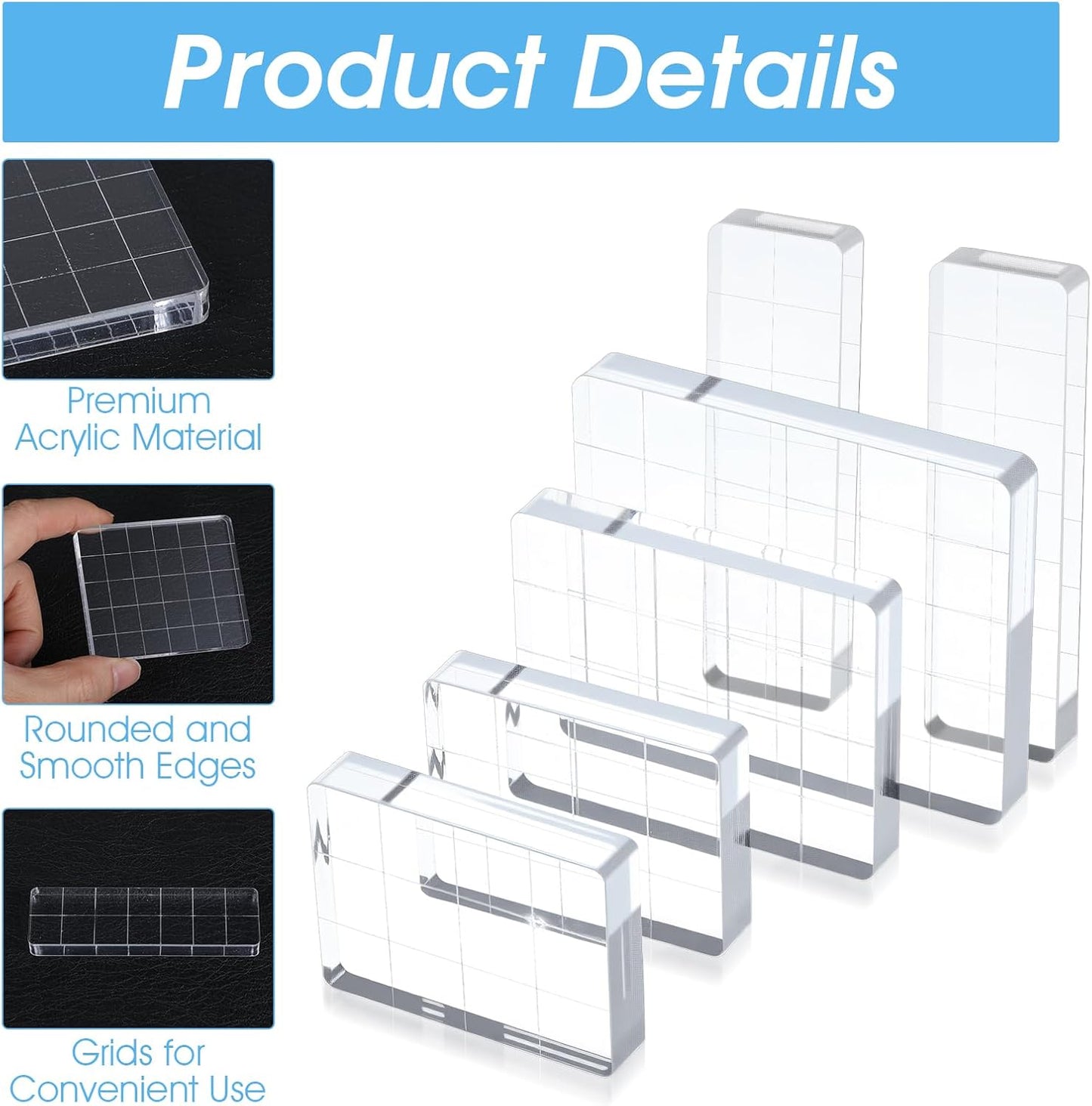 6 Pcs Acrylic Stamping Blocks,Clear Acrylic Stamp Block,Acrylics Blocks for Stamping,with Grid Lines for Scrapbooking Crafts Card Making, Assorted Sizes