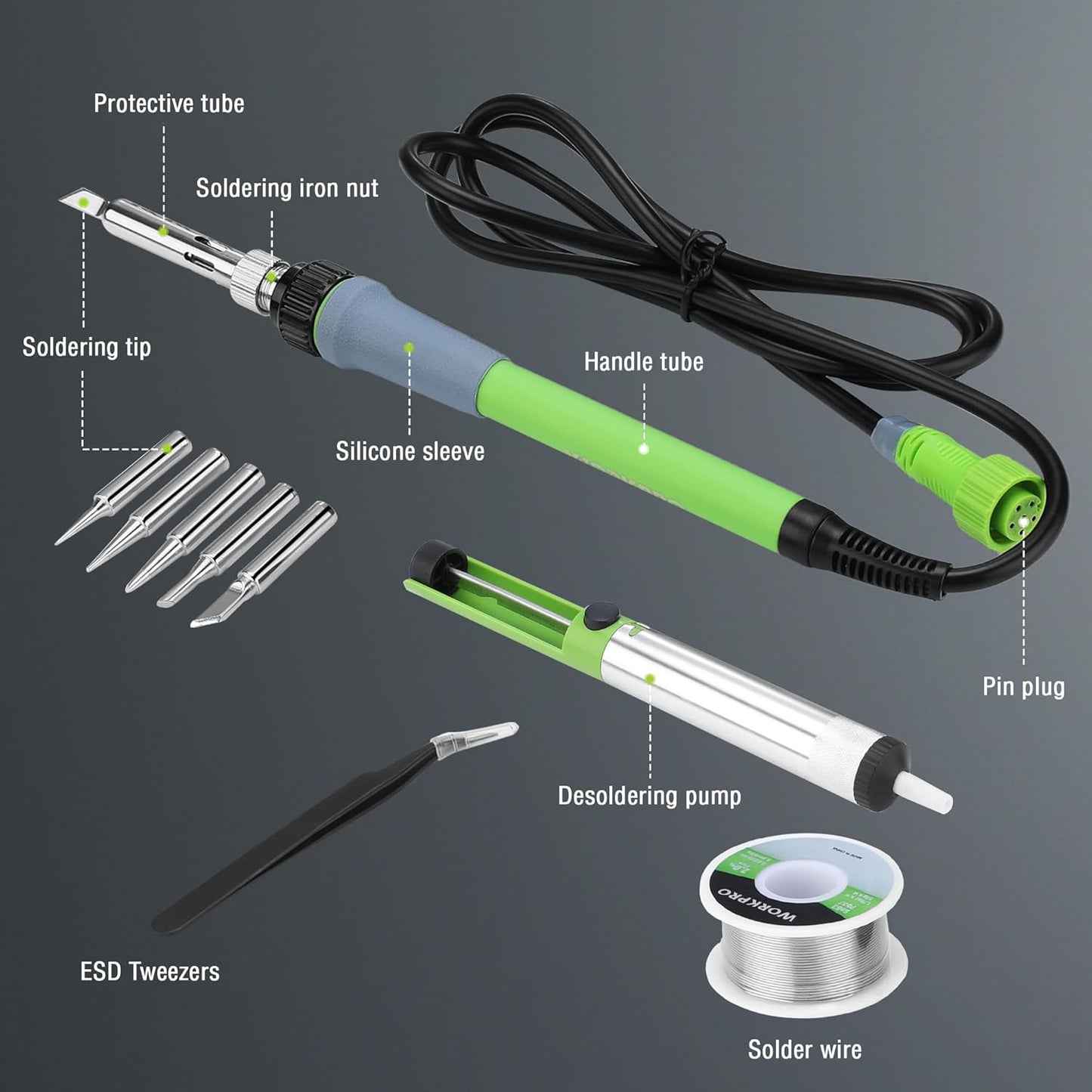 WORKPRO Soldering Station, 60W Soldering Iron Kit with Digital Display and 5 Extra Iron Tips, Precision Temperature Control Solder Station for Electronic Repair, DIY Enthusiasts