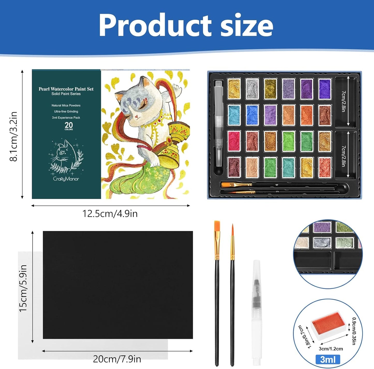 3ml Glitter Watercolor Paint Set with Paper, 24 Colors Shimmer Metallic Watercolour Painting Sets, Solid Pearl Water Color Paints for Adult, Kids, DunHuang Style (DunHuang 24Colors-L)