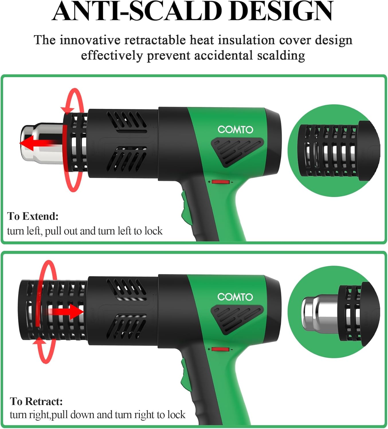 1800W Industrial Heat Gun, Fast Heating 122℉-1202℉ Variable Temperature Control Overheat Protection 2 Speed Air Flow with 4 Nozzles for Crafts, Shrinking Tubing, Vinyl Wrap (SG-1004)