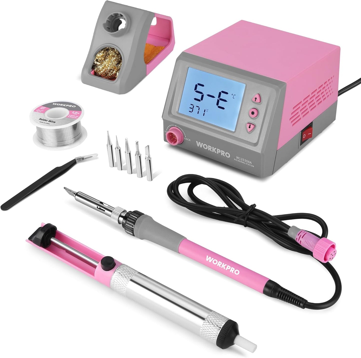 WORKPRO Soldering Station, 60W Soldering Iron Kit Digital Display, 5 Extra Iron Tips, Precision Temperature Control Solder Station for Electronic Repair, DIY Enthusiasts - Pink Ribbon
