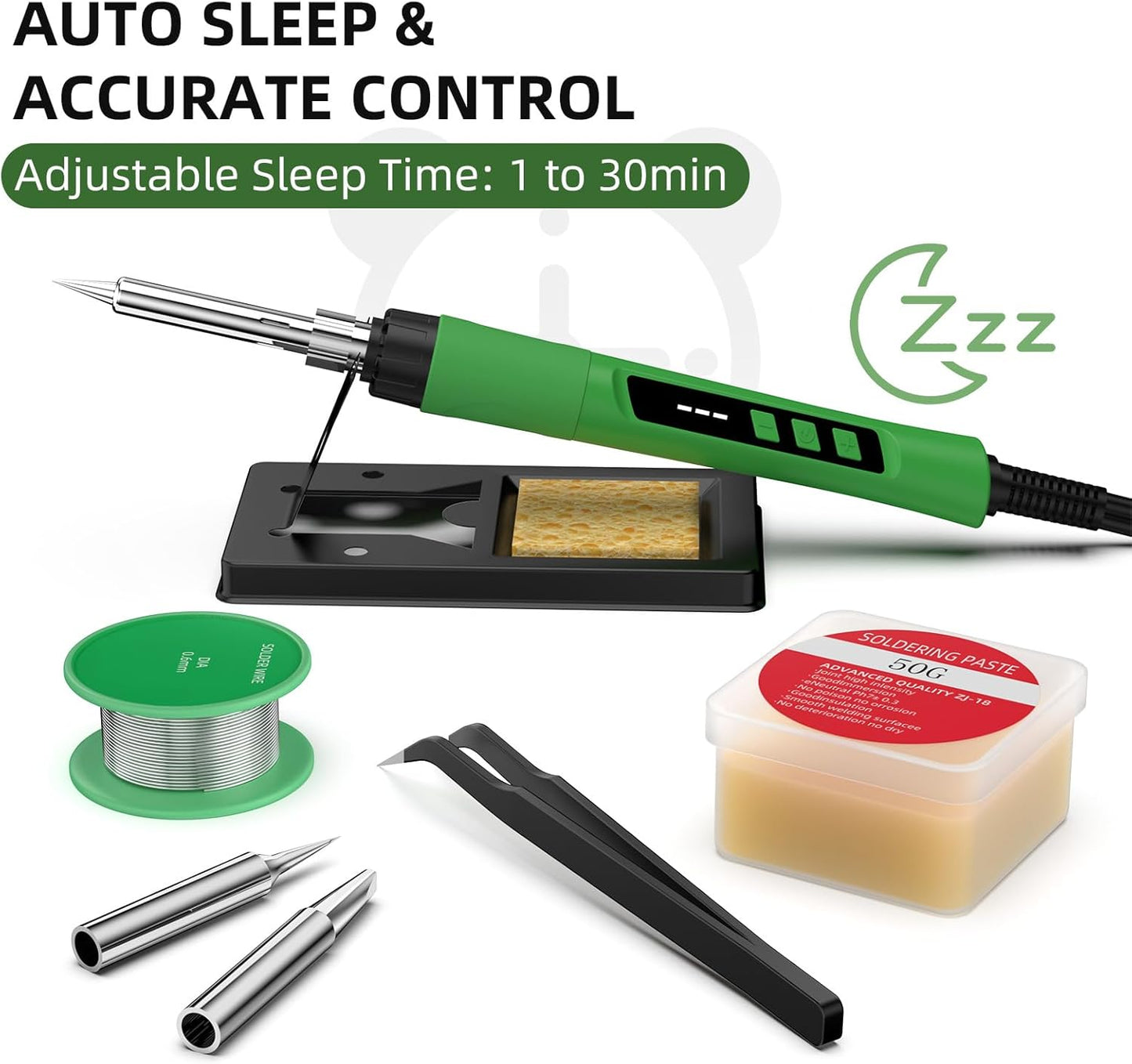 Soldering Iron Kit, 190W Soldering Gun, 110V LED Solder Kit for Electronics, Adjustable Temperature 356-932℉, Includes Solder Wire, Sucker, Tips, Stand, Tweezers, Paste and Solid Wood Box, Army Green