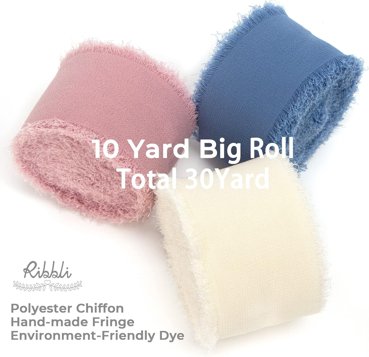 Ribbli Chiffon Silk Ribbon, 1.5 in x 30 Yards, Ivory/Dusty Rose/Dusty Blue Fringe for Wedding Invitations, Bridal Bouquets, Flower Arrangements
