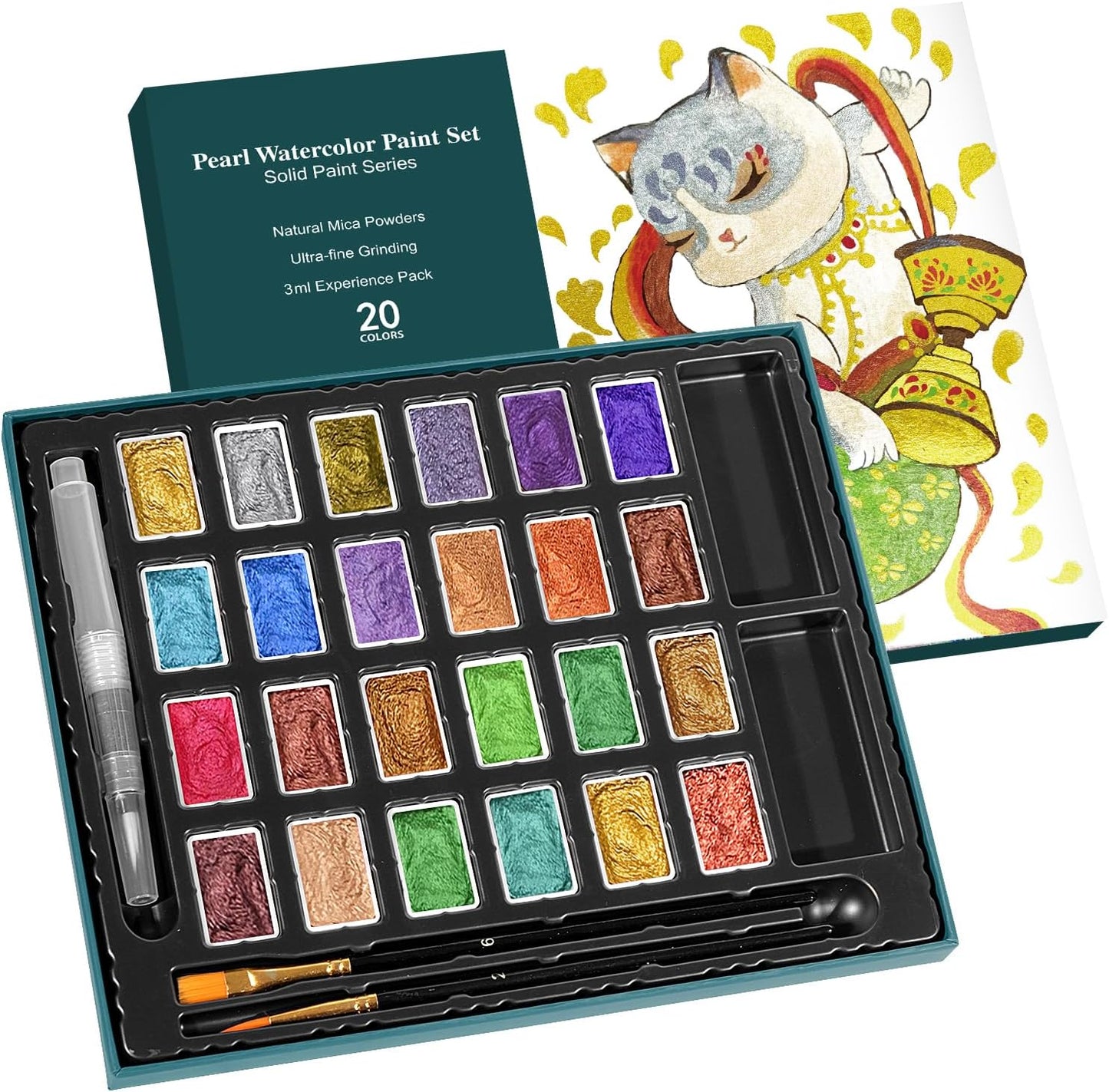 3ml Glitter Watercolor Paint Set with Paper, 24 Colors Shimmer Metallic Watercolour Painting Sets, Solid Pearl Water Color Paints for Adult, Kids, DunHuang Style (DunHuang 24Colors-L)