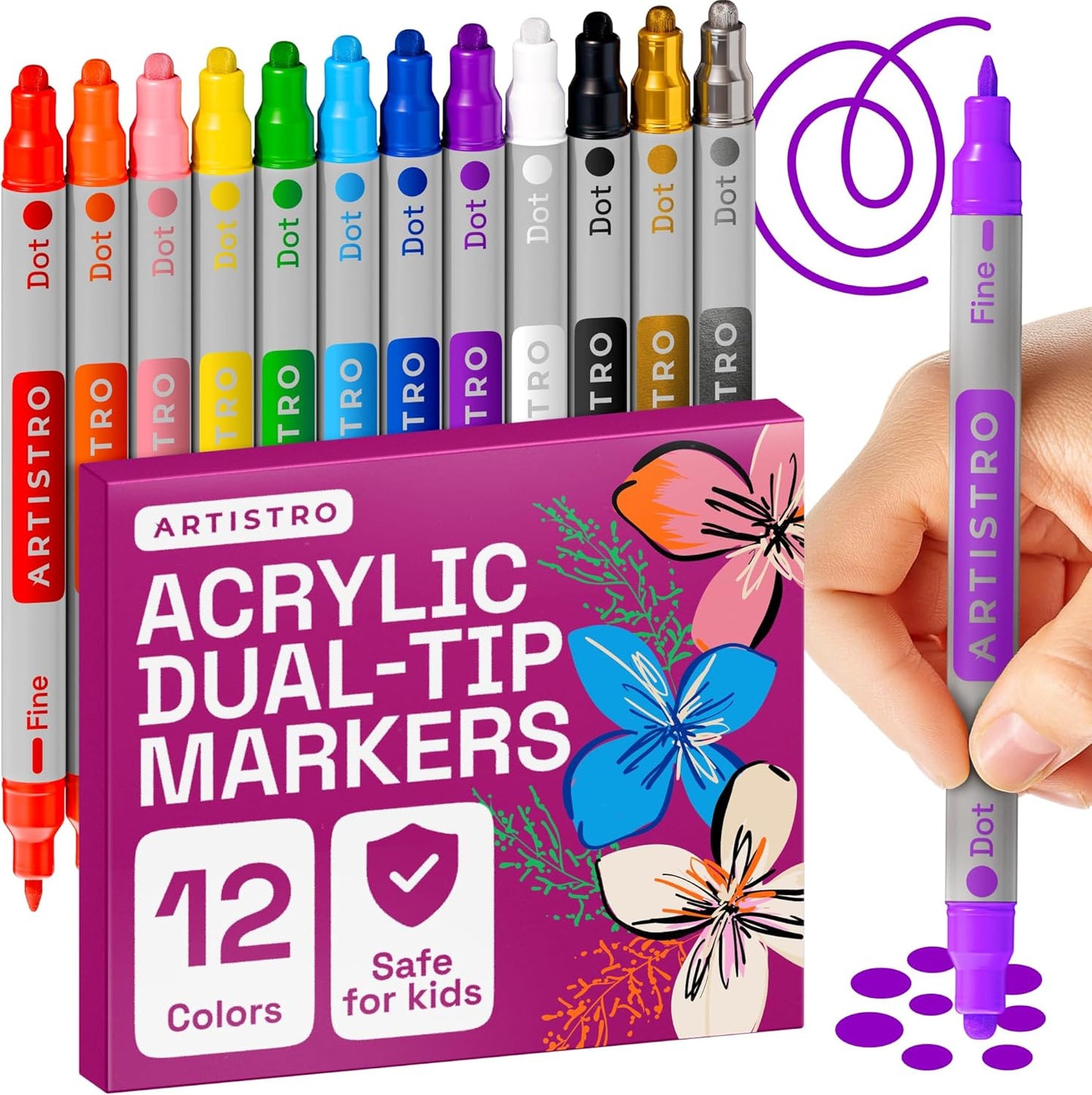 ARTISTRO Vibrant Acrylic Paint Markers for Glass, Rock, Fabric, Wood, Paper, Ceramic, Canvas & More - 12 Dual-Tip Paint Pens (Dot & Fine)