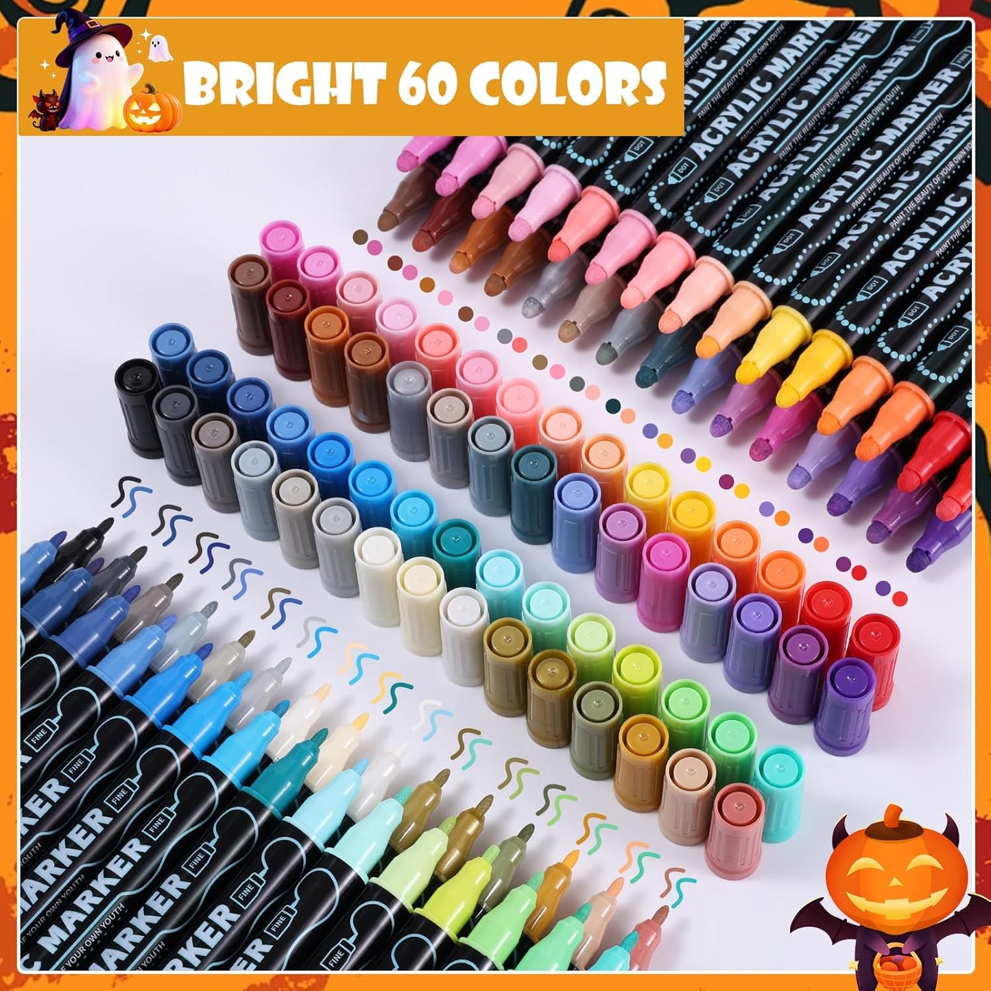 60 Colors Waterproof Dual Tip Acrylic Paint Markers, Dot & Fine Tip Premium Coloring Markers Set for Rock, Glass, Wood, Ceramic Surfaces and DIY Crafts Making Art Supplies