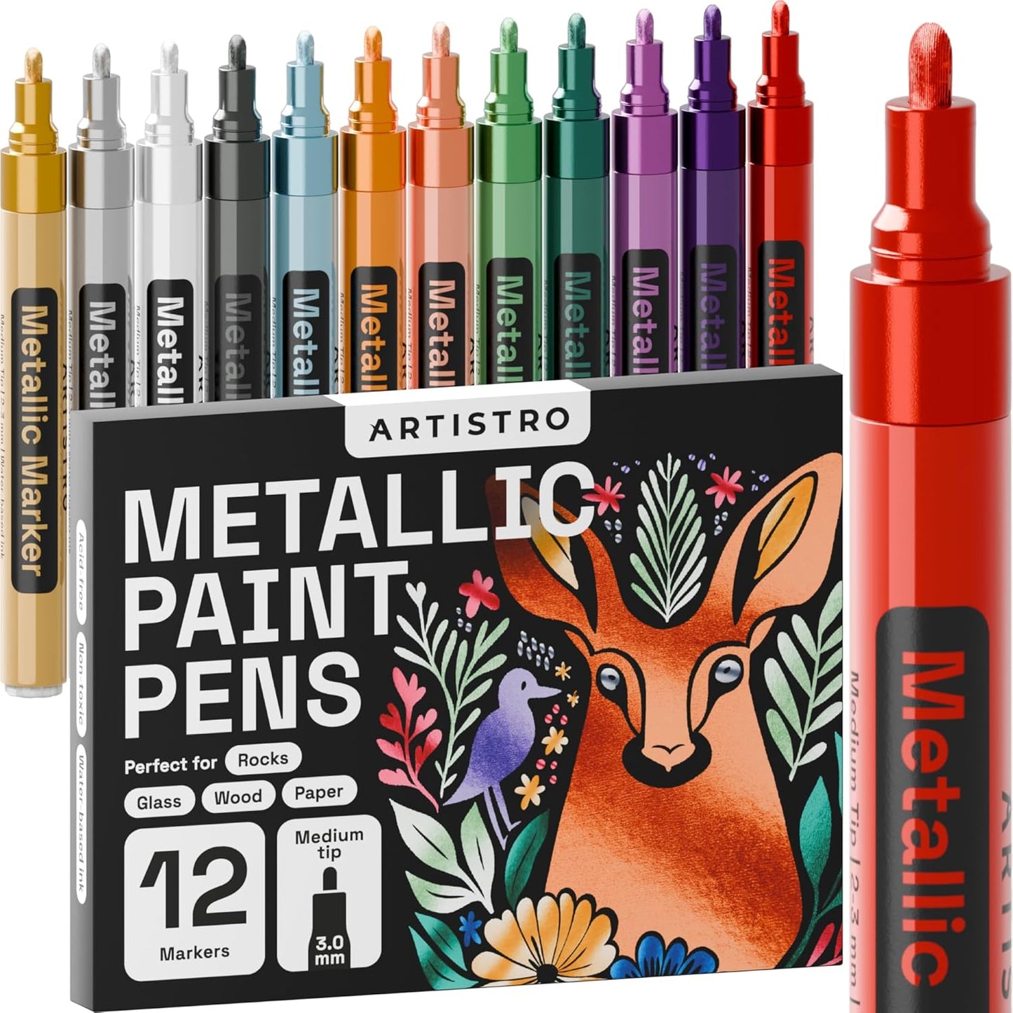 ARTISTRO 12 Metallic Paint Pens for Glass, Rock Painting, Ceramic, Wood, Fabric, Pebbles, Scrapbook Journals, Photo Albums, Card Stocks - Acrylic Paint Markers Medium Tip 3.0mm
