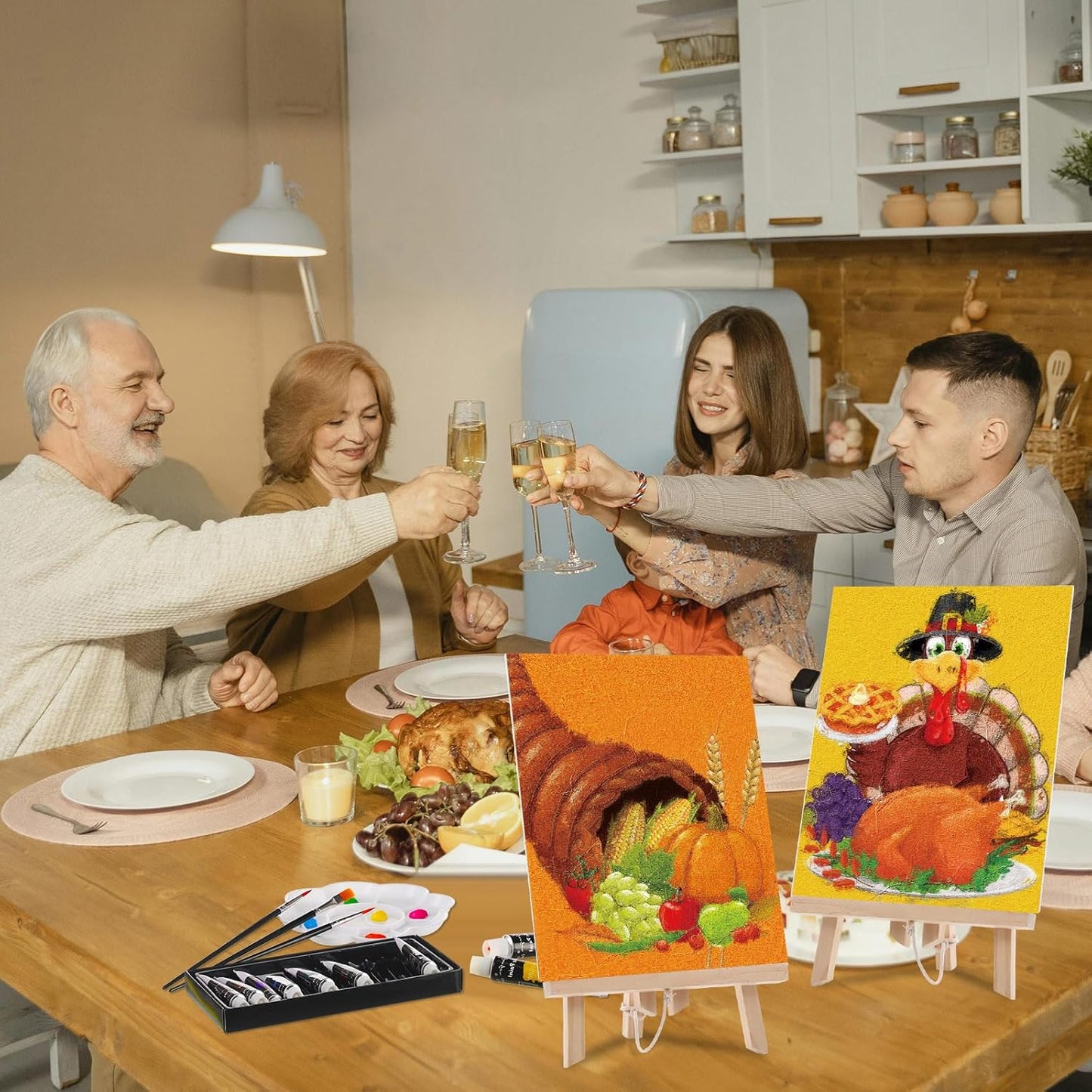 Cholemy 36 Pcs Paint and Sip Kit for Adults 8''x10'' Pre Drawn Canvas for Painting DIY Afro Acrylic Painting Kit Wood Easel Brushes Date Night Bulk for Christmas Party Gifts(Fall Scarecrow)