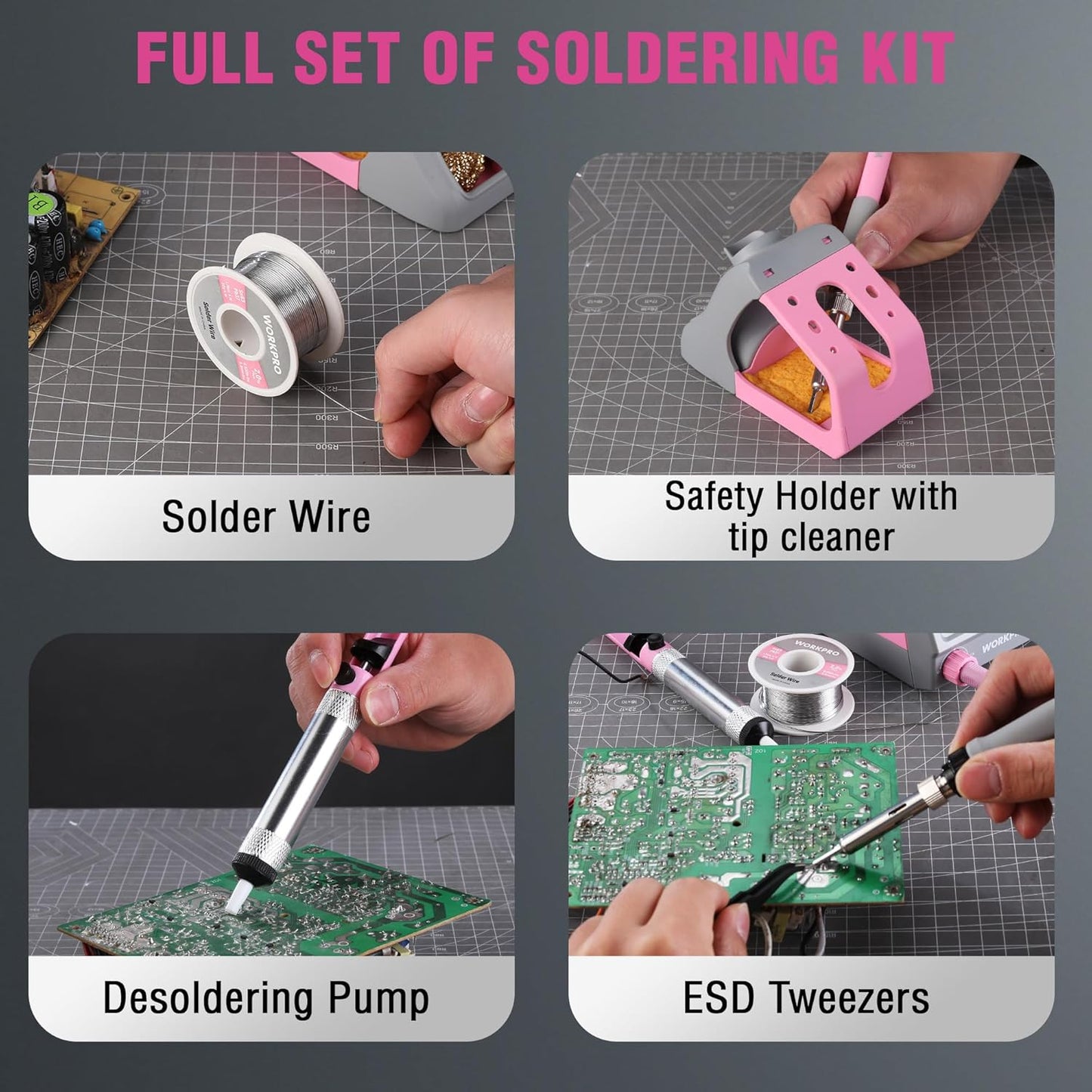 WORKPRO Soldering Station, 60W Soldering Iron Kit Digital Display, 5 Extra Iron Tips, Precision Temperature Control Solder Station for Electronic Repair, DIY Enthusiasts - Pink Ribbon