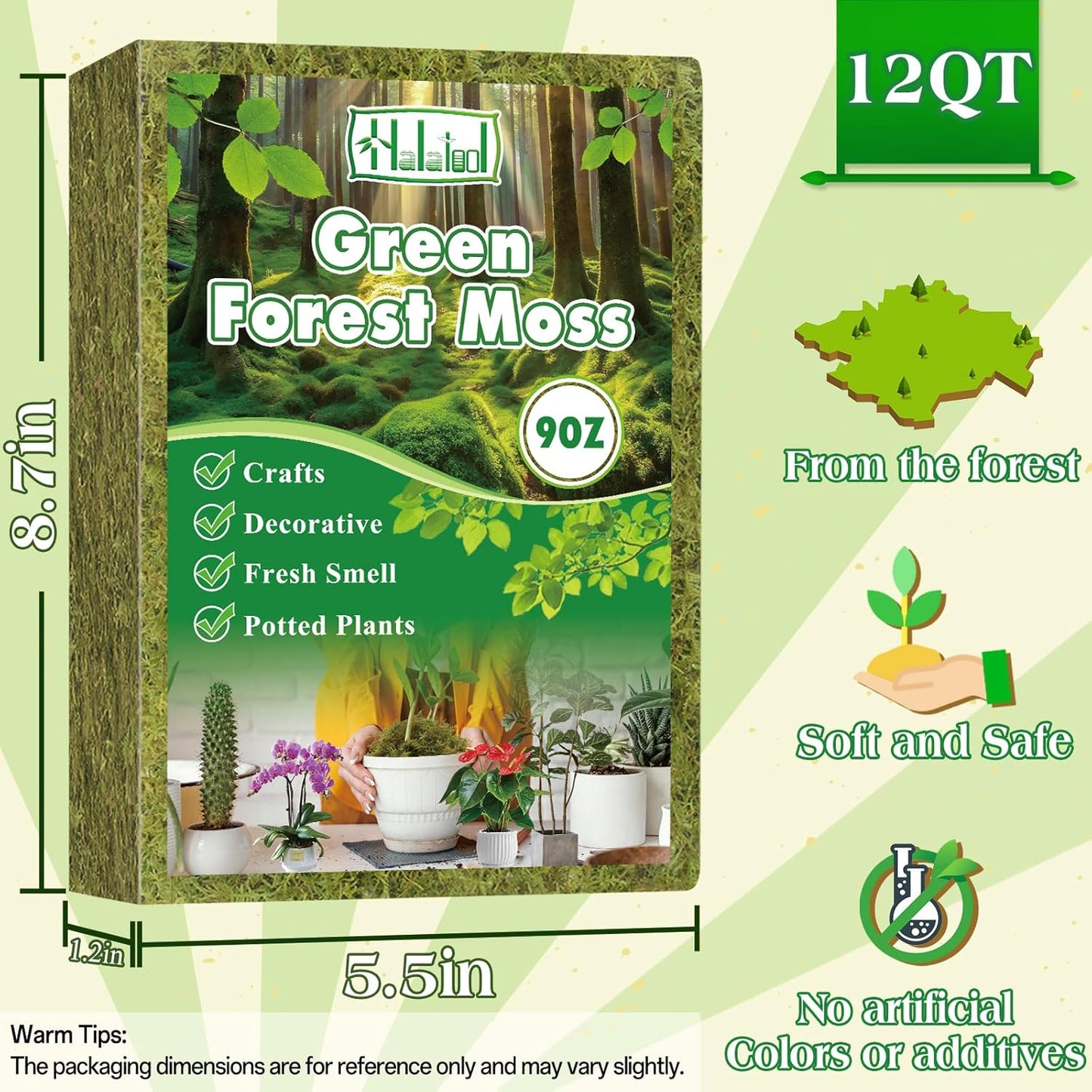 Halatool 9OZ Green Moss for Potted Plants, 12QT Orchid Moss Potting Mix, Forest Moss for Indoor Plants, Indoor Potting Plant Moss for Repotting Terrariums Garden Reptiles