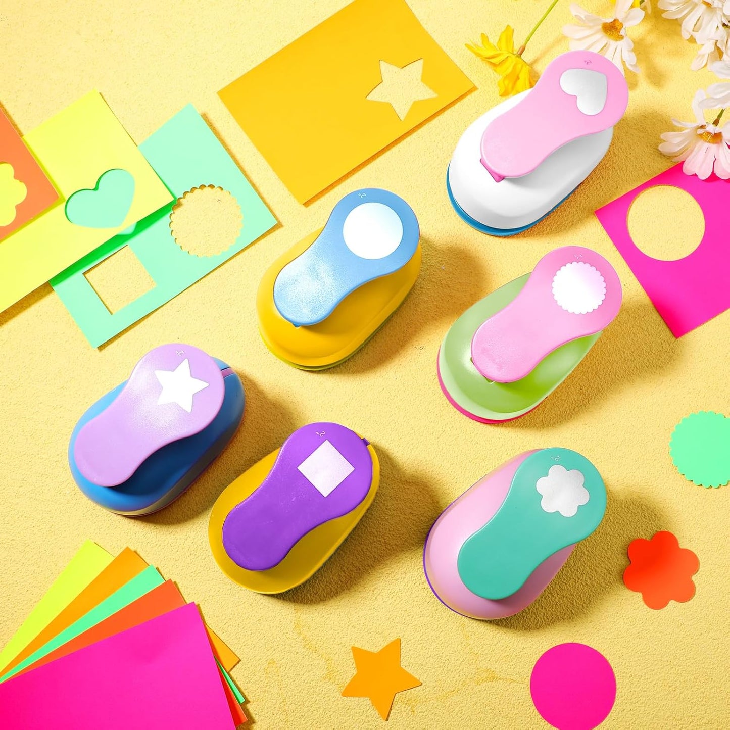 CHENGU 16 Pcs Craft Holes Punch Paper Punchers Scrapbook Punches with Craft Sticker Paper, Round, Star, Square, Heart, Flower, Wave Circle Shape(2 Inch,Multiple Styles)