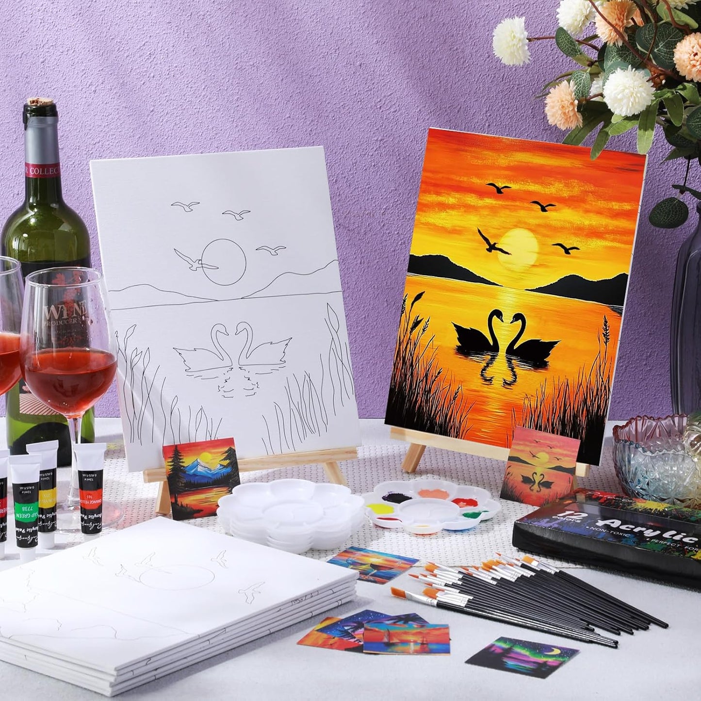 Cholemy 36 Pcs Paint and Sip Kit for Adults 8''x10'' Pre Drawn Canvas for Painting DIY Afro Acrylic Painting Kit Wood Easel Brushes Date Night Bulk for Christmas Party Gifts(Sunset)