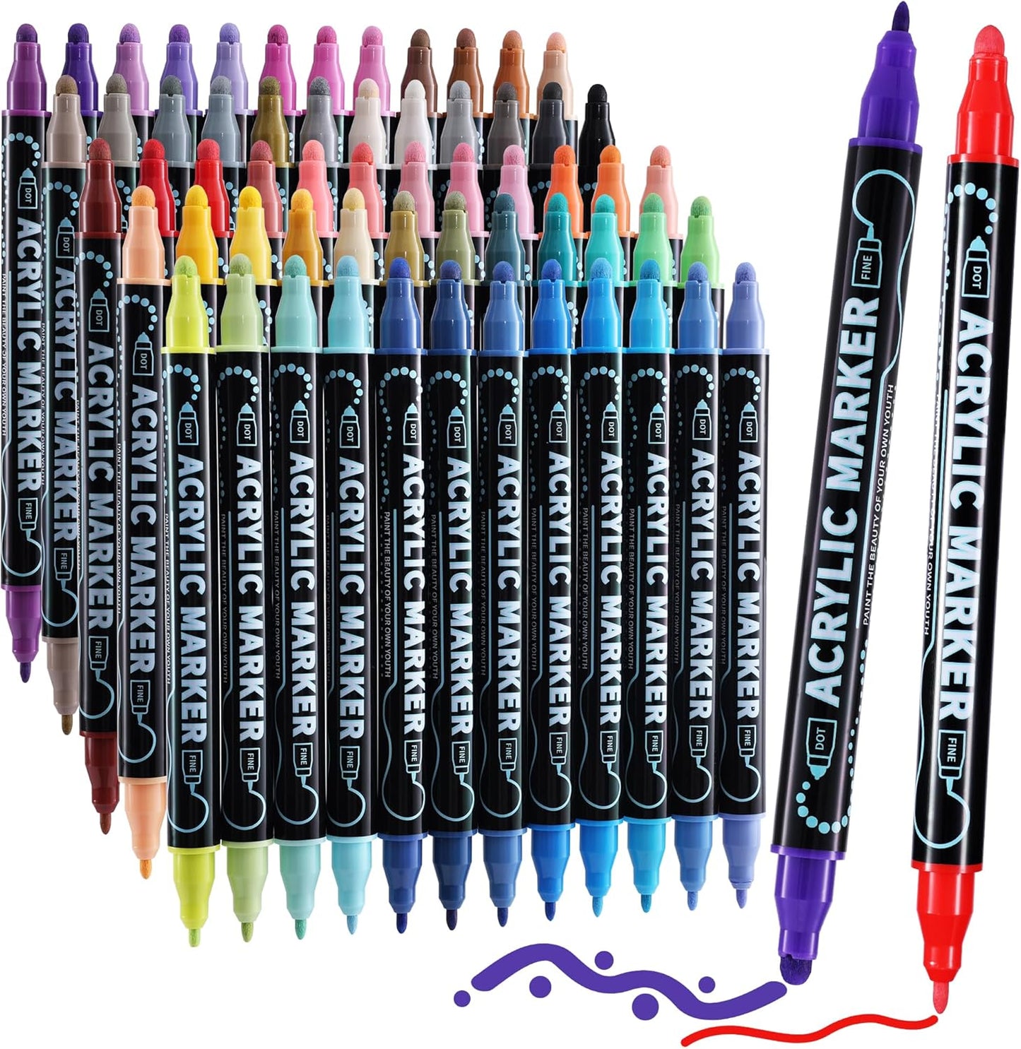 60 Colors Waterproof Dual Tip Acrylic Paint Markers, Dot & Fine Tip Premium Coloring Markers Set for Rock, Glass, Wood, Ceramic Surfaces and DIY Crafts Making Art Supplies