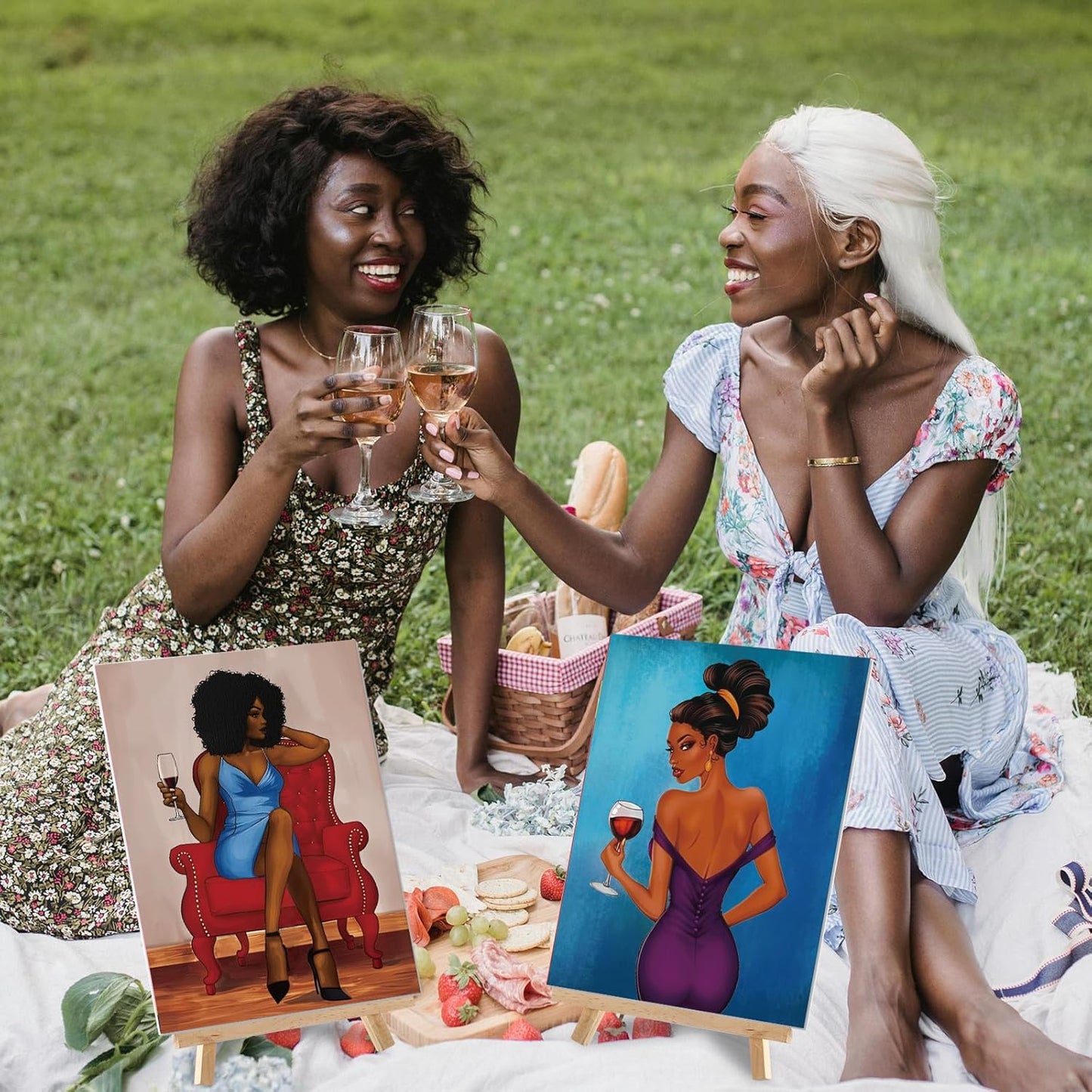 Cholemy 36 Pcs Paint and Sip Kit for Adults 8''x10'' Pre Drawn Canvas for Painting DIY Afro Acrylic Painting Kit Wood Easel Brushes Date Night Bulk for Christmas Party Gifts(Charming Lady)