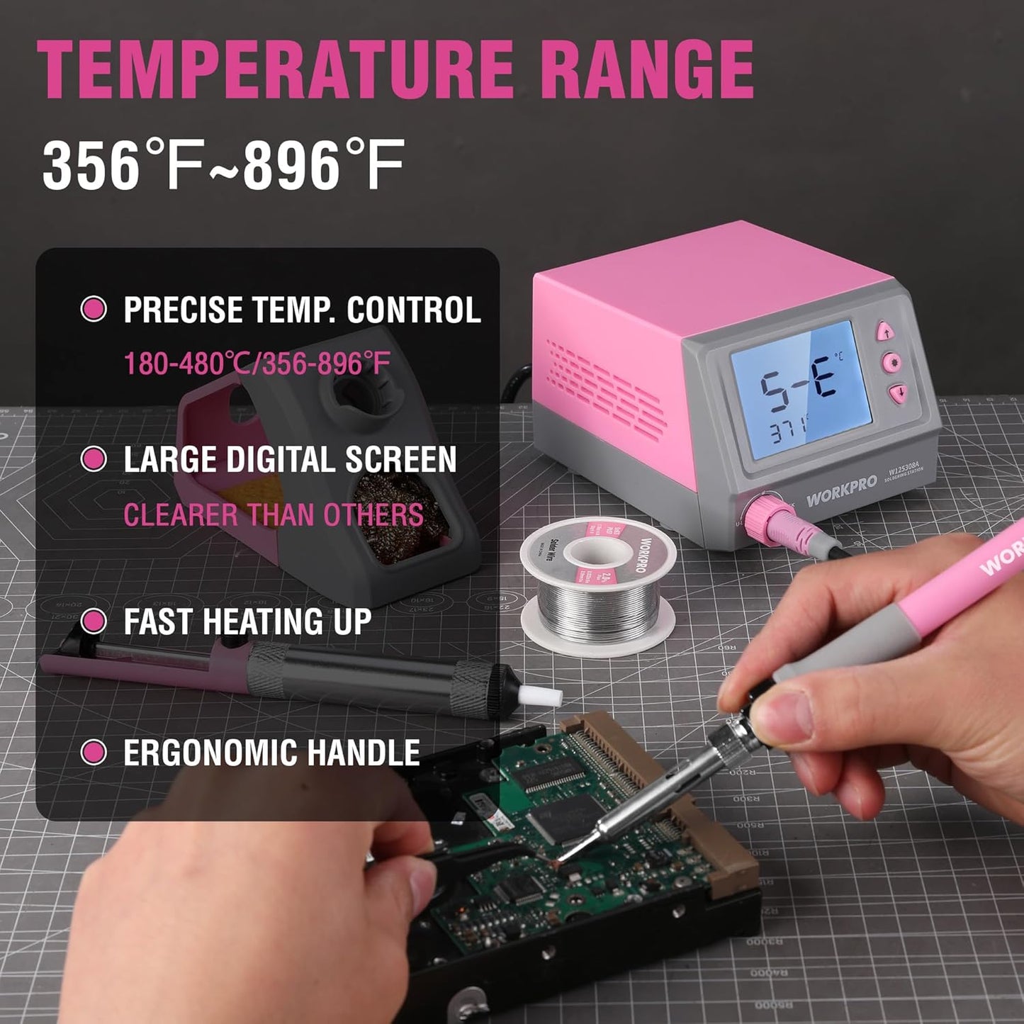 WORKPRO Soldering Station, 60W Soldering Iron Kit Digital Display, 5 Extra Iron Tips, Precision Temperature Control Solder Station for Electronic Repair, DIY Enthusiasts - Pink Ribbon