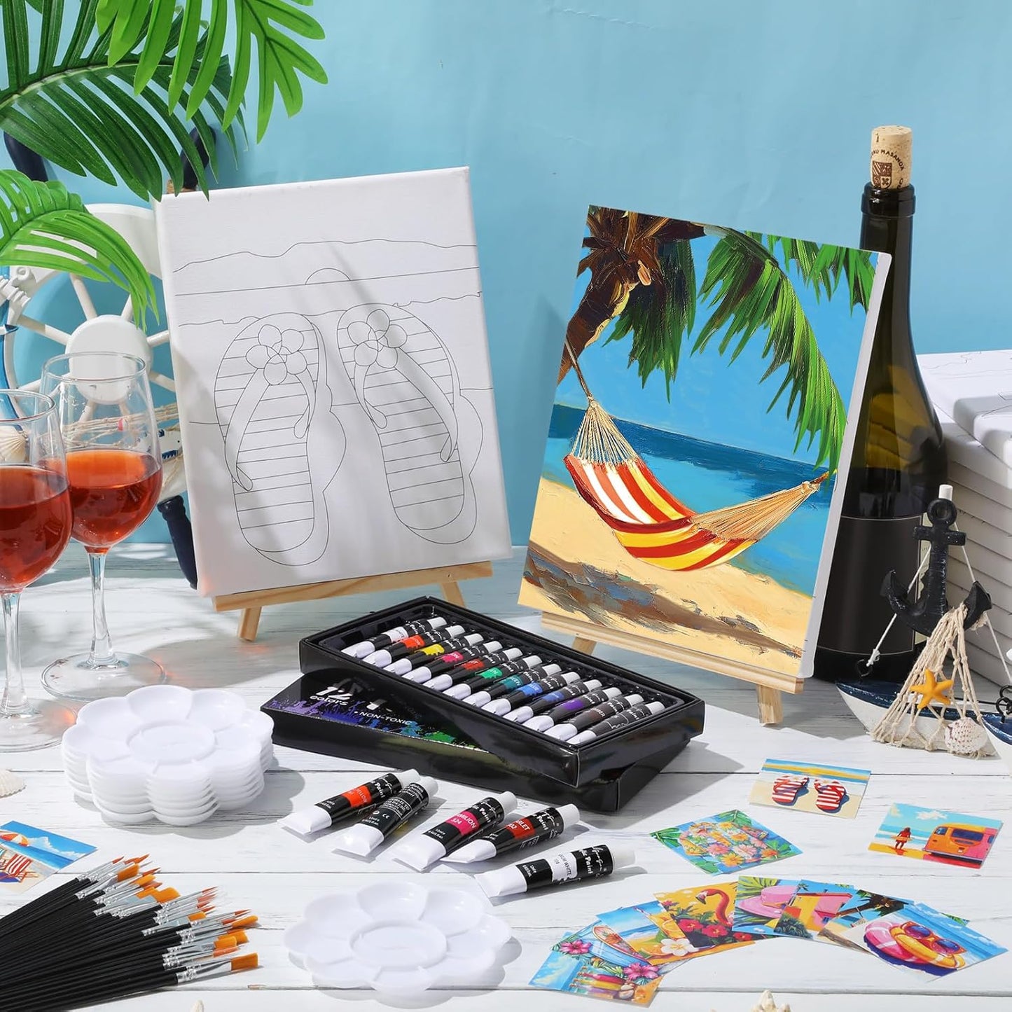 Cholemy 36 Pcs Paint and Sip Kit for Adults 8''x10'' Pre Drawn Canvas for Painting DIY Afro Acrylic Painting Kit Wood Easel Brushes Date Night Bulk for Christmas Party Gifts(Hawaii)