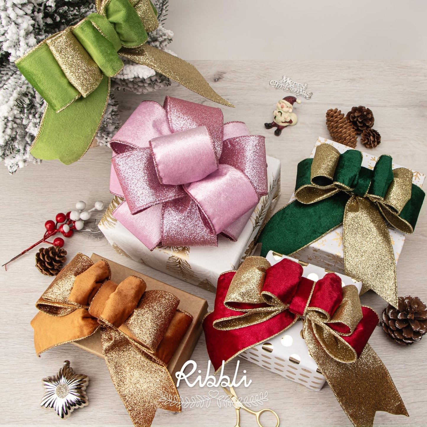 Ribbli Pink Velvet Wired Ribbon 2.5 Inch Velvet with Glitter Christmas Ribbon for Tree Decoration Big Bow Gift Wrapping Crafts Wreaths Supplies - 10 Yards