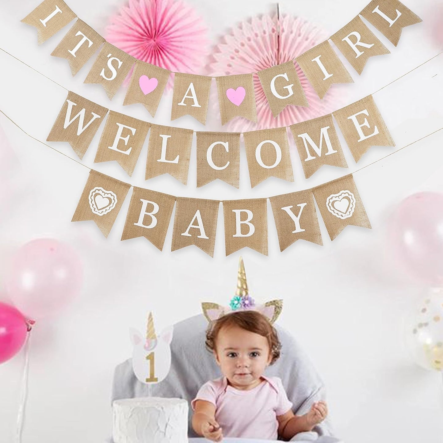 MEEDEE Burlap Banner Welcome Baby Girls Banner Rustic Baby Shower Party Favors Decorations Banners and Signs Baby Shower Bunting Pink (3 Pieces)